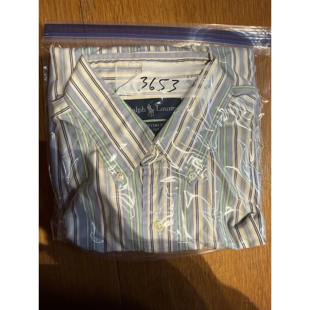 Vintage‎ Polo Ralph Lauren Mens L Blue Green Striped Custom Fit Green Pony